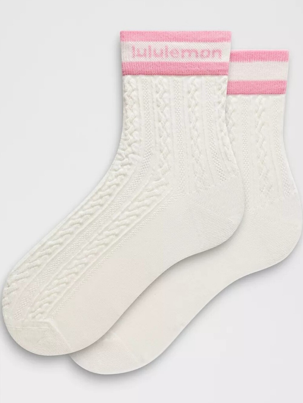 Lululemon Cable Knit Quarter Socks Coconut Ivory & Candy Cloud Pink Sz Medium